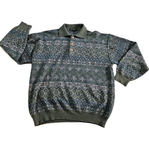 Giannini Polo Sweater Men 52/L Multi LS Buttons Collar Tribal Aztec Geo Vintage - Picture 1 of 15